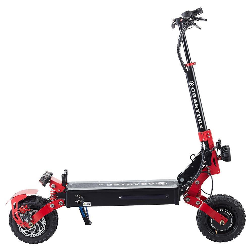 Image de la trottinette électrique Obarter - 1200 Watts - 65 km/h rouge sur un fond blanc de  coté