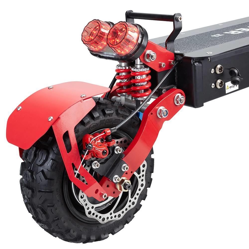 Image de la Obarter X3 - 1200 Watts - 65 km/h rouge sur un fond blanc avec un zoom sur la roue arrière qui met en valeur le moteur hub et le frein à disque 