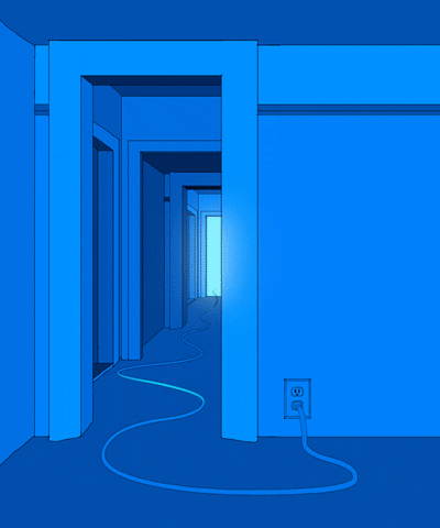 Image bleu d'une pièce avec une vue sur un clouloir bleu avec une prise électrique et un cable allant jusqu'au bout du couloir