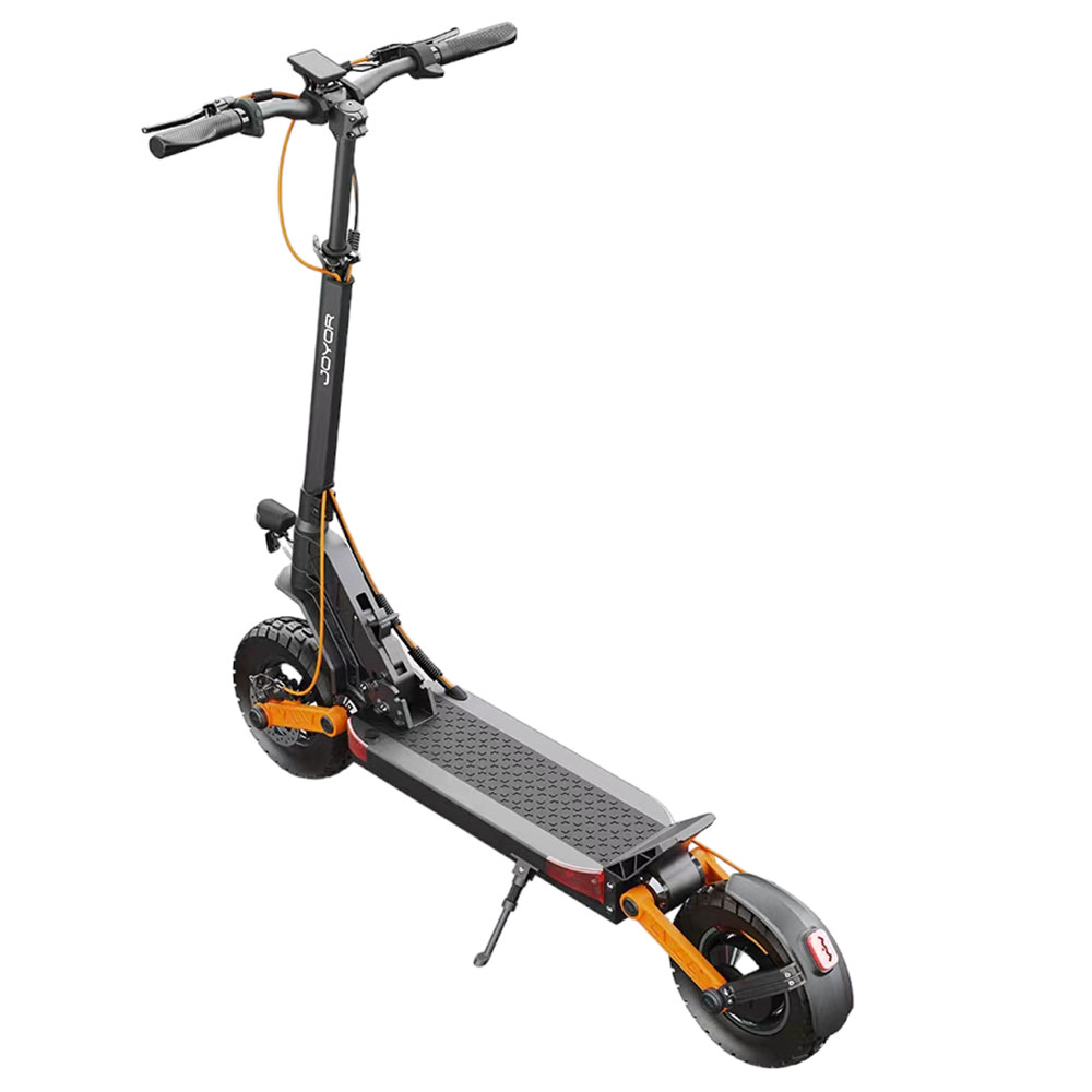 Image de la trottinette électrique Joyor 10-S sur un fond blanc avec une vue de coté en plongée